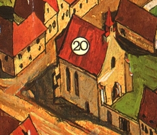Hermannstadt cca 1650.Nr.20.Ecke Salzgasse-Elisabethgasse. Kloster der Minoritenbrueder.Franziskaner.Kirche  Sta Elisabetha.Abgerissen 1868.jpg