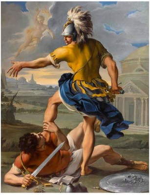 Aureliano Milani (1675 Bologna 1749), The Combat of Aeneas and Turnus. Oil on canvas, 67 x 52 in. (171.5 x 133.3 cm). Signed and dated at center right on temple pediment aureliano milani. m.dccviii.jpg