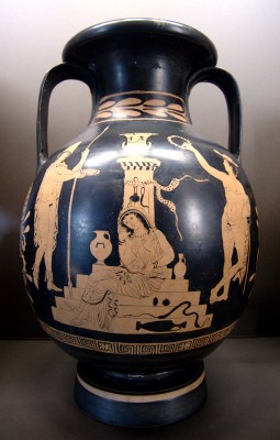 Orestes, Electra and Hermes at the tomb of Agamemnon. Side A of a lucanian red-figure pelike- ca. 380370 BC_Louvre_K544.jpg